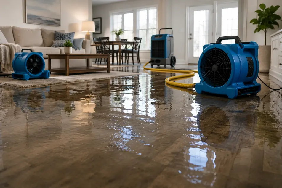 Professional water damage restoration service drying a flooded home with industrial fans and dehumidifiers in Minneapolis, MN.