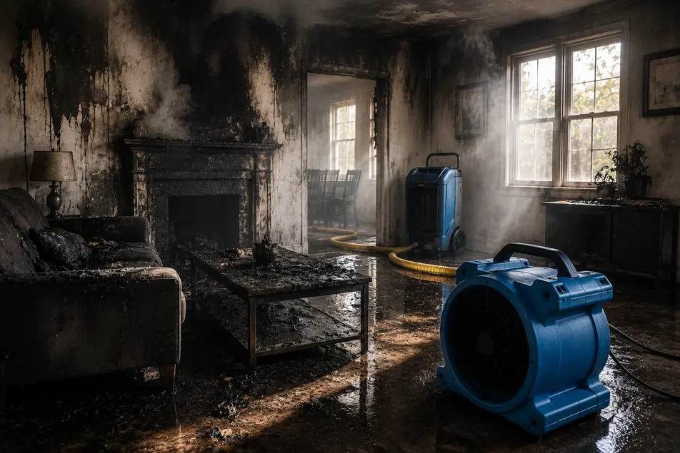 Professional fire and smoke damage restoration after a house fire with visible smoke, soot, and drying equipment in Minneapolis, MN.