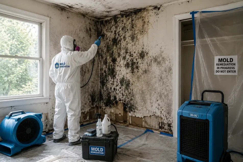 Professional mold remediation service removing black mold from water-damaged walls using specialized equipment in Minneapolis, MN.