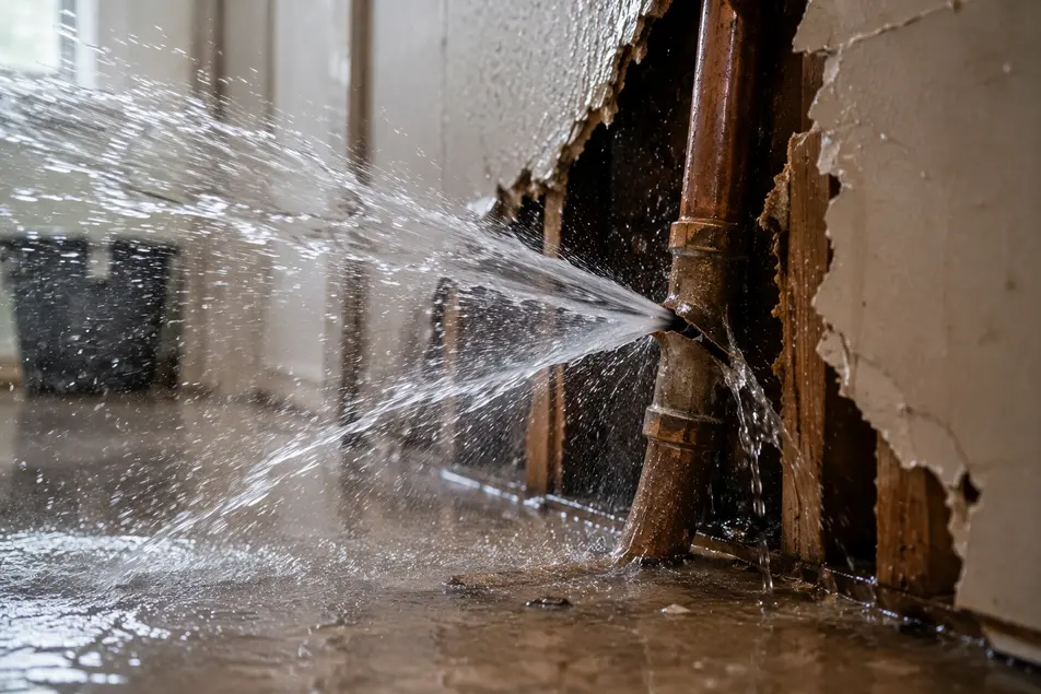 Burst pipe repair with high-pressure water leaking from a broken pipe causing indoor water damage in a Minneapolis, MN home.