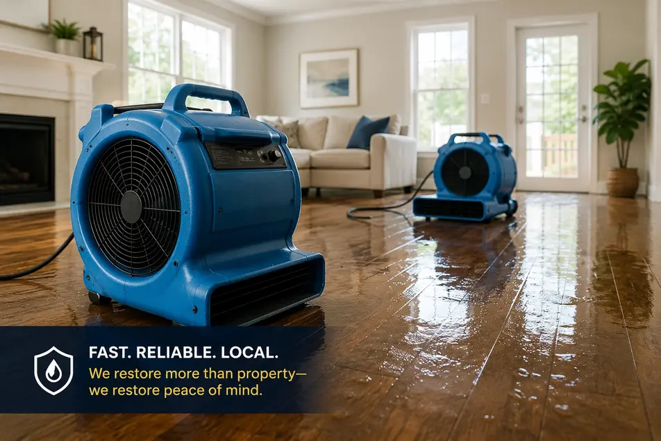 Professional water damage restoration with industrial drying equipment removing moisture from a residential home in Minneapolis, MN.