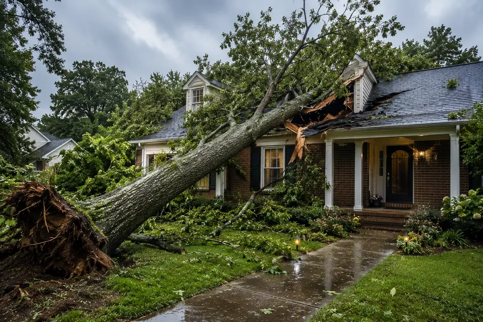 Storm-damaged residential home with a fallen tree crushing the roof, broken shingles, and debris after severe weather before professional storm damage cleanup.