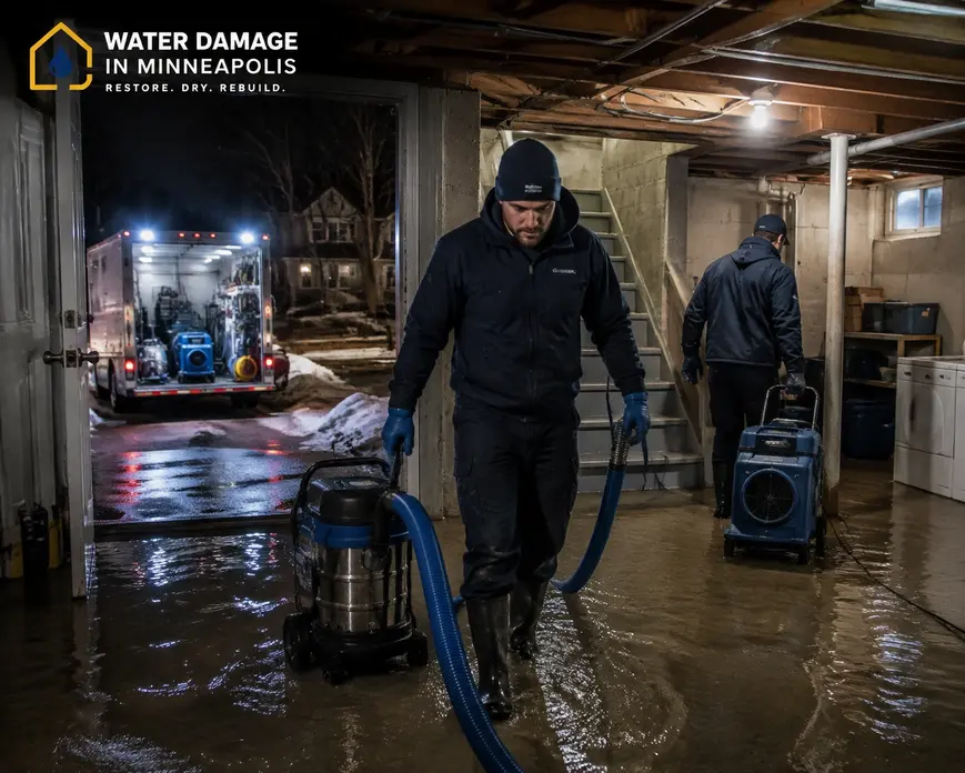 Professional water damage restoration team removing flood water from a basement using extraction equipment and drying tools.