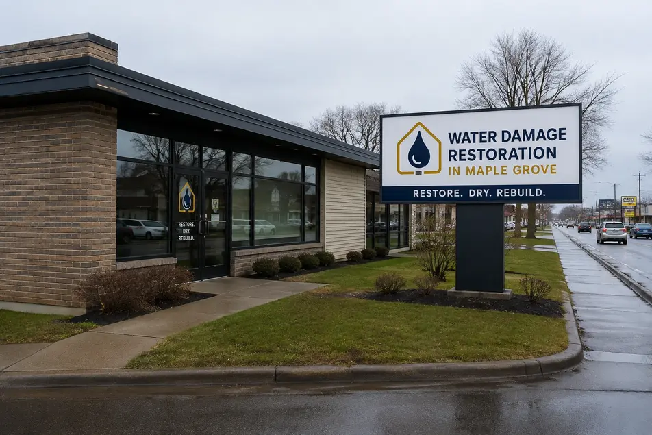 Water damage restoration office in Maple Grove, MN with roadside business sign and local service location.