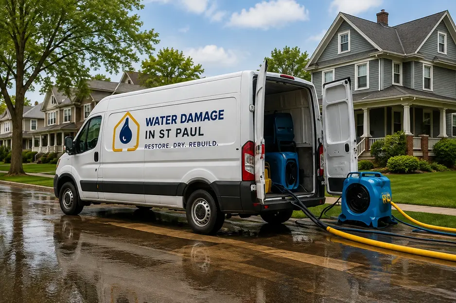 Water damage restoration service van with professional drying equipment at a residential property in St. Paul, MN.