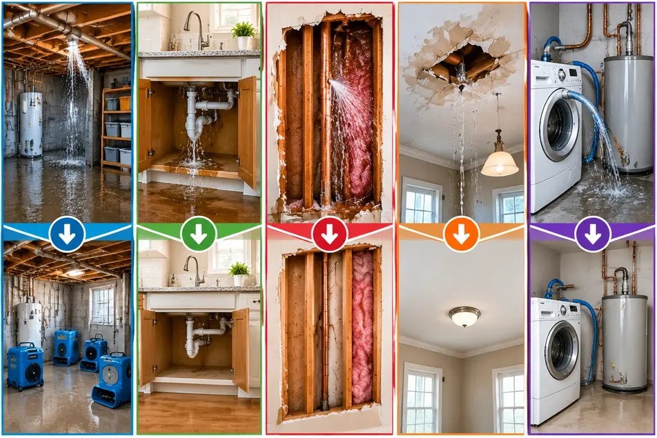 Five types of burst pipe damage in Minneapolis homes including basement flooding, kitchen leaks, wall pipe failures, ceiling water damage, and appliance supply line bursts.