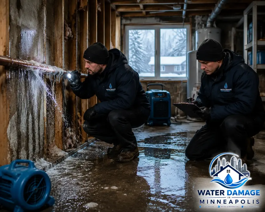 Water damage restoration technicians inspecting a burst pipe in a Minneapolis basement during winter after frozen pipe damage.