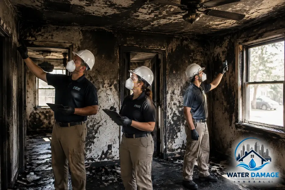 Fire and smoke damage restoration team inspecting a soot-covered Minneapolis home interior after a house fire assessment and cleanup.