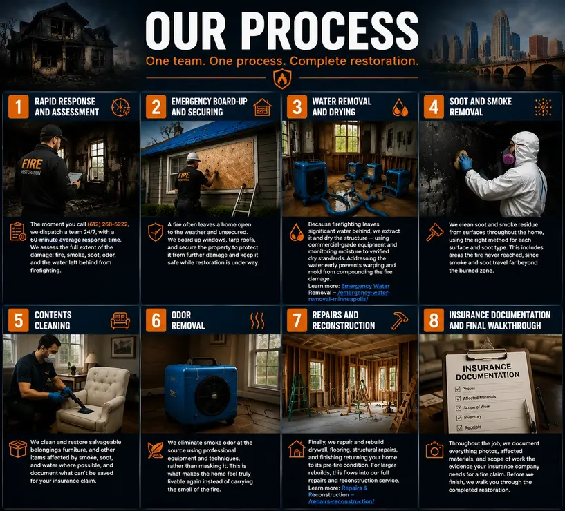 Fire and smoke damage restoration process infographic showing assessment, board-up, water removal, soot cleaning, repairs, and insurance steps in Minneapolis.