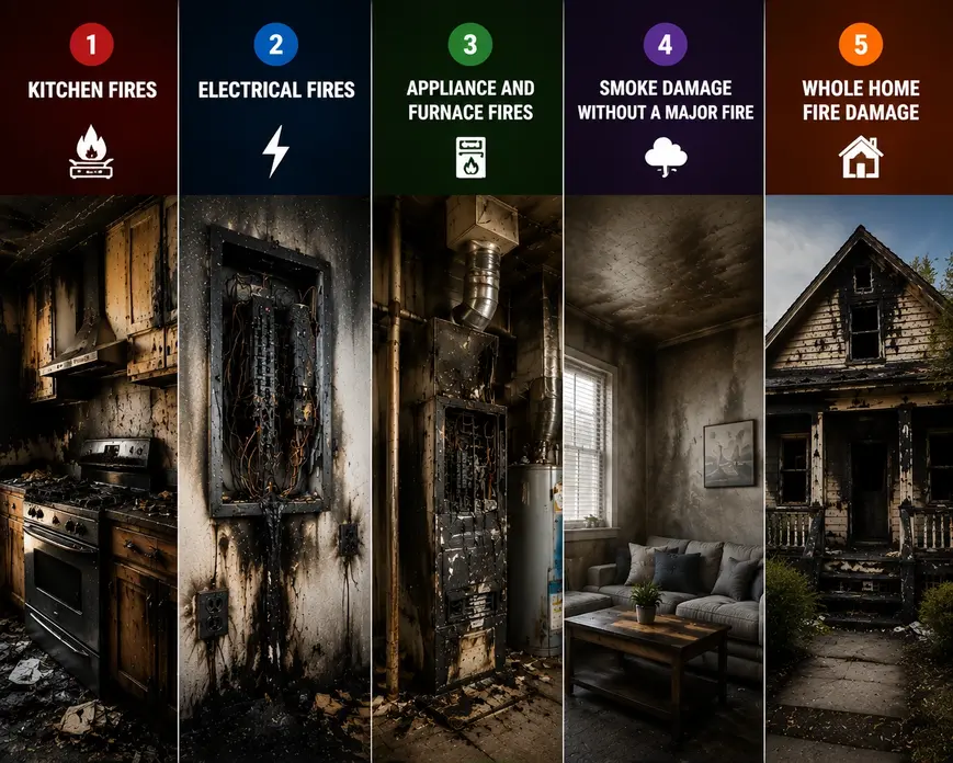 Fire and smoke damage restoration services showing kitchen fires, electrical fires, appliance fires, smoke damage, and whole home fire damage in Minneapolis.