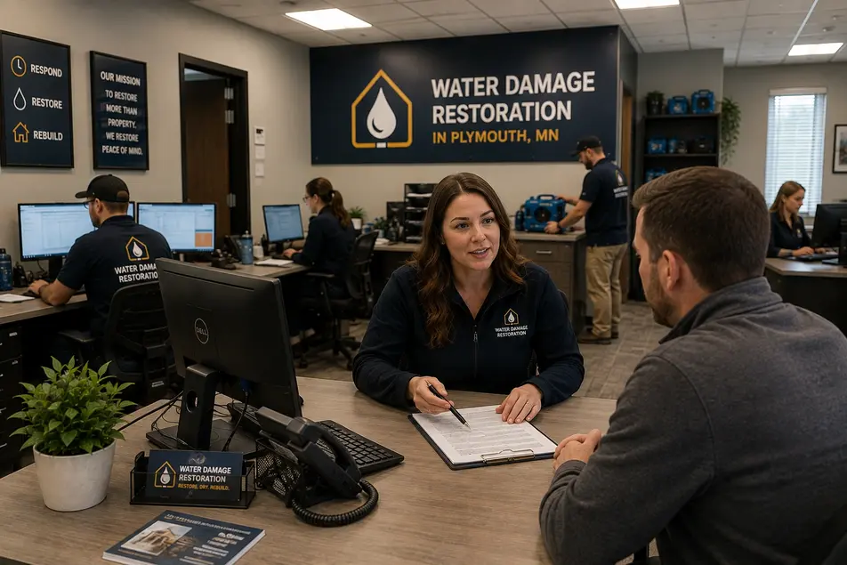Water damage restoration office in Plymouth, MN with staff assisting a client and coordinating local restoration services.