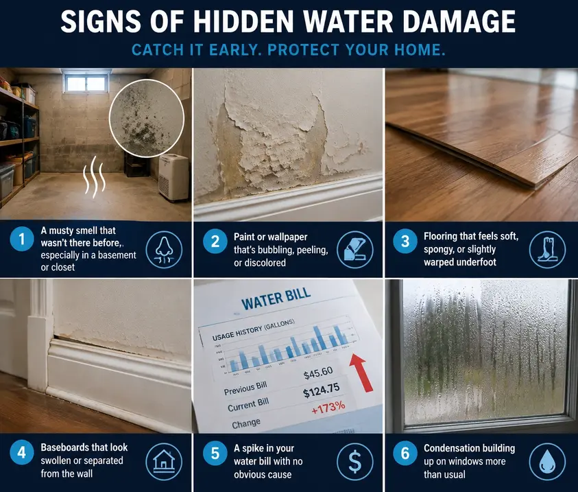 Hidden water damage warning signs infographic showing musty odors, peeling paint, warped floors, swollen baseboards, leaks, and condensation.