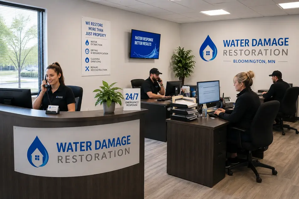 Water damage restoration office in Bloomington, MN with staff working at computers and providing 24/7 emergency restoration support.