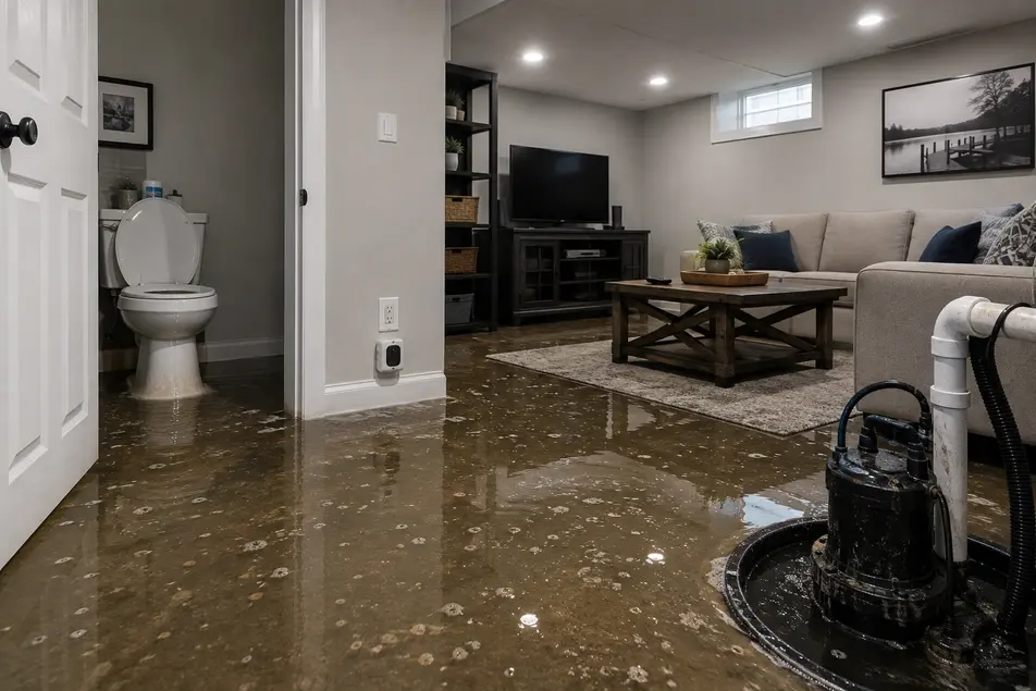 Sewer or drain backup causing contaminated basement flooding and water damage inside a Bloomington, MN home.