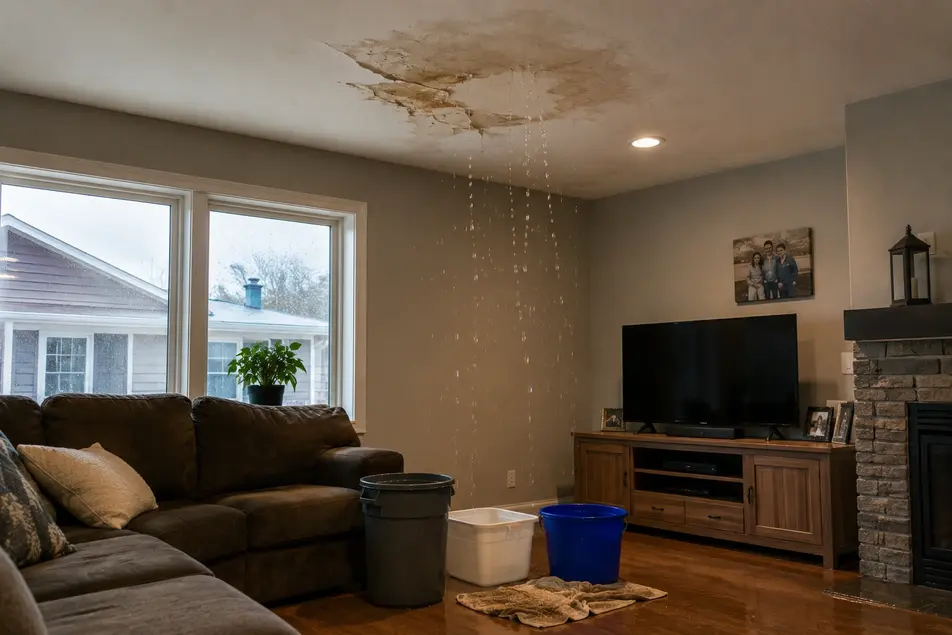 Roof leak causing ceiling water damage and indoor flooding in a Bloomington, MN home during heavy rain.