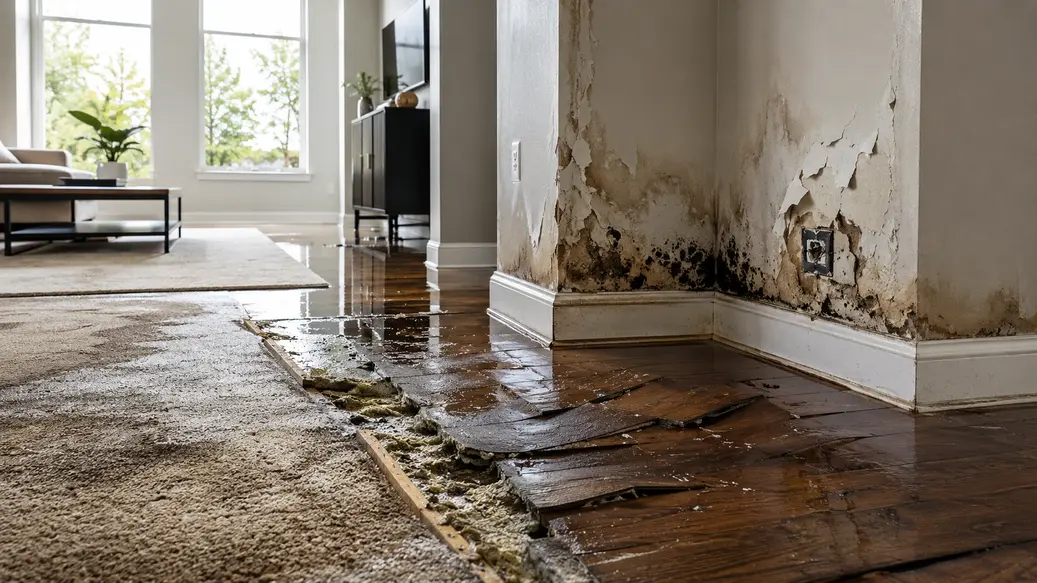 Delayed water damage restoration showing soaked carpet, warped hardwood floors, mold growth, damaged drywall, and electrical hazards in a home interior.