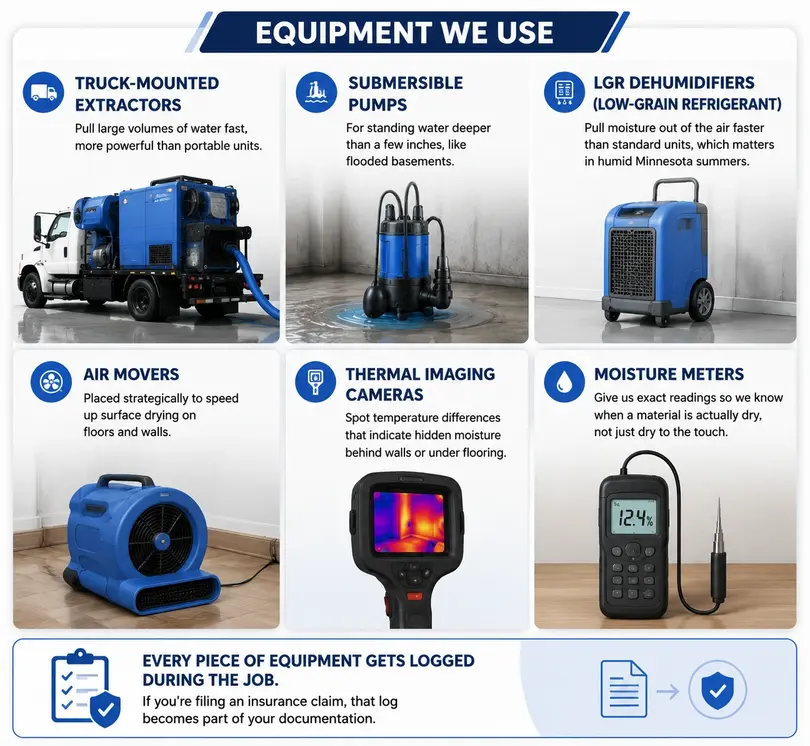 Water damage restoration equipment including truck-mounted extractors, submersible pumps, LGR dehumidifiers, air movers, thermal cameras, and moisture meters.