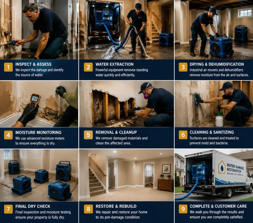 Water damage restoration process collage showing inspection, water extraction, drying, cleanup, sanitizing, and home rebuilding services.