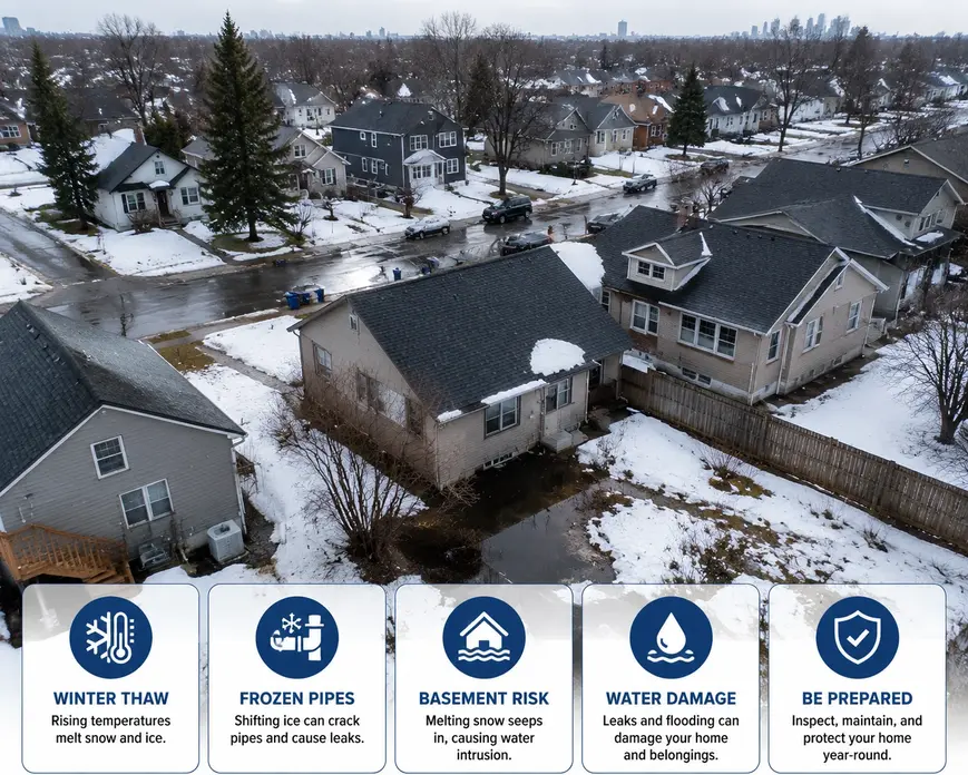 Minneapolis winter thaw neighborhood showing melting snow, frozen pipe risks, and potential basement water damage from snow runoff.