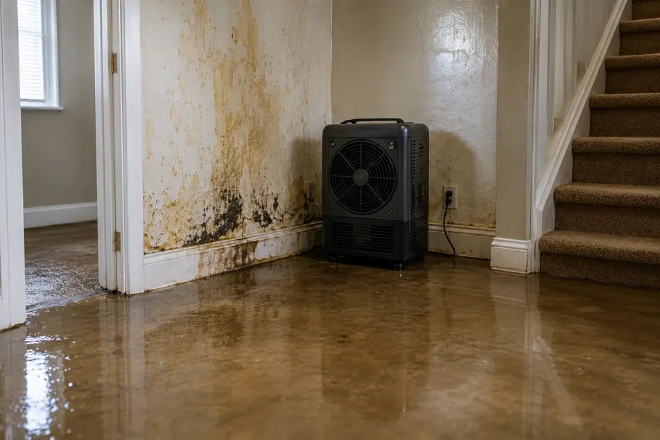 Basement water damage in Plymouth, MN with standing water, moisture-stained walls and drying equipment after indoor flooding.