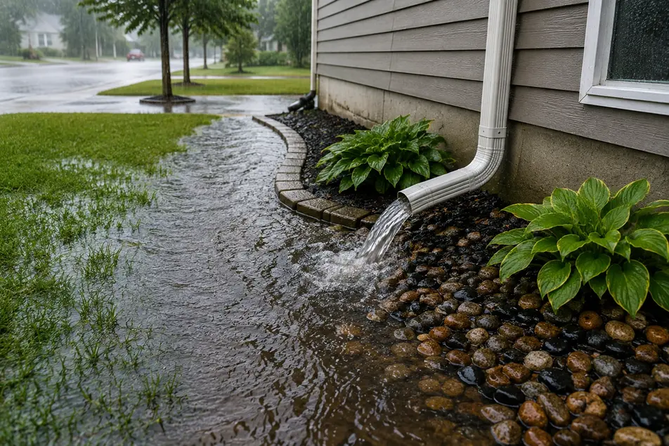 Heavy rain and storm runoff collecting near a Plymouth, MN home foundation, increasing the risk of basement water damage.