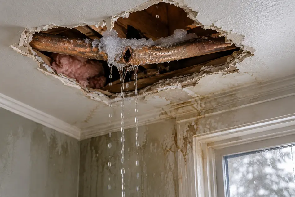 Frozen burst pipe causing ceiling water damage inside a Plymouth, MN home during cold winter weather.