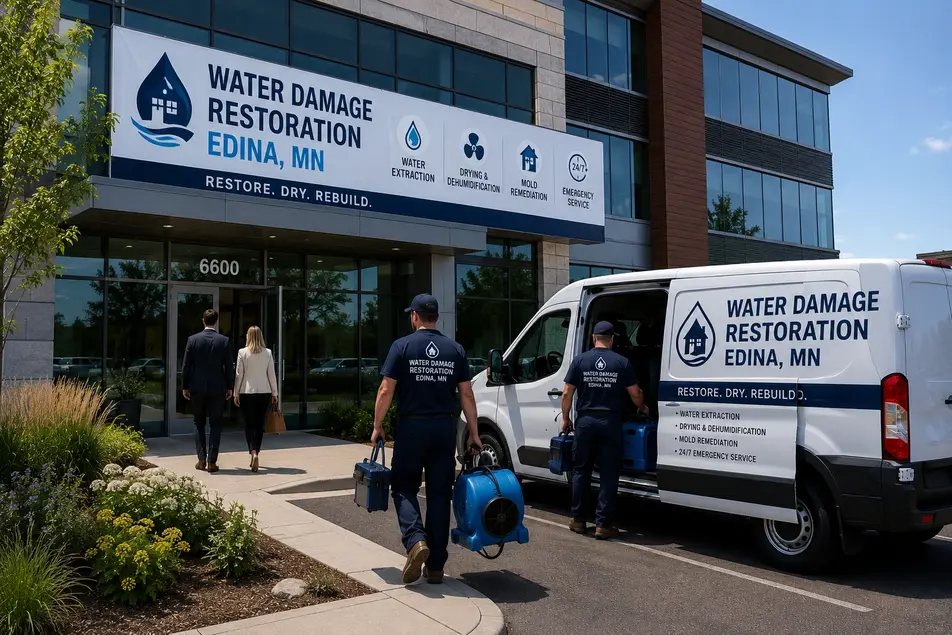 Water damage restoration office in Edina, MN with professional technicians, service van, drying equipment and clients entering the building.