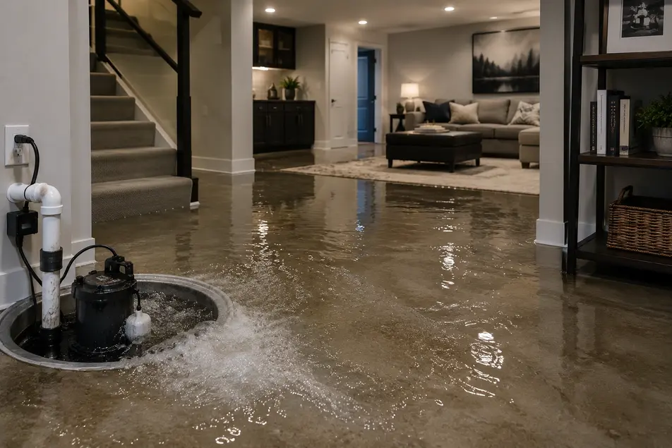 Sump pump failure causing basement flooding and standing water inside a home in Edina, MN.