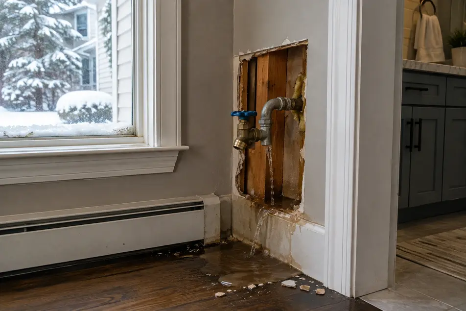 Frozen pipe leaking inside a wall and causing water damage to flooring in an Edina, MN home during winter.