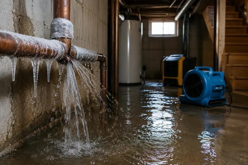 Flooded basement with a burst pipe and drying equipment for water damage restoration in St. Paul, MN