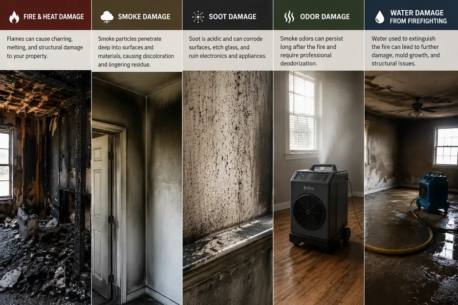 Fire damage restoration infographic showing heat, smoke, soot, odor, and firefighting water damage effects in a Minneapolis home.