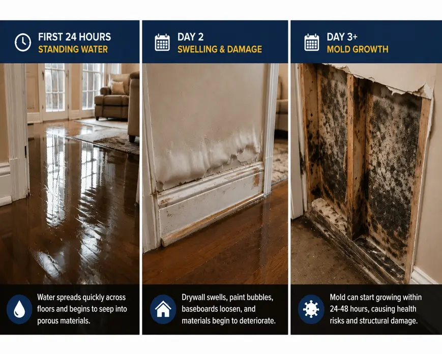 Water damage progression timeline showing flooded hardwood floors, swollen drywall, and mold growth stages inside a damaged home.