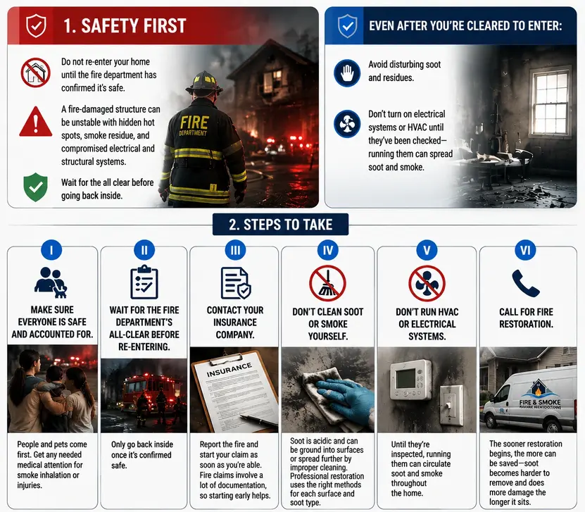 What to do after a fire infographic showing safety steps, insurance claims, soot cleaning warnings, and fire restoration guidance in Minneapolis.