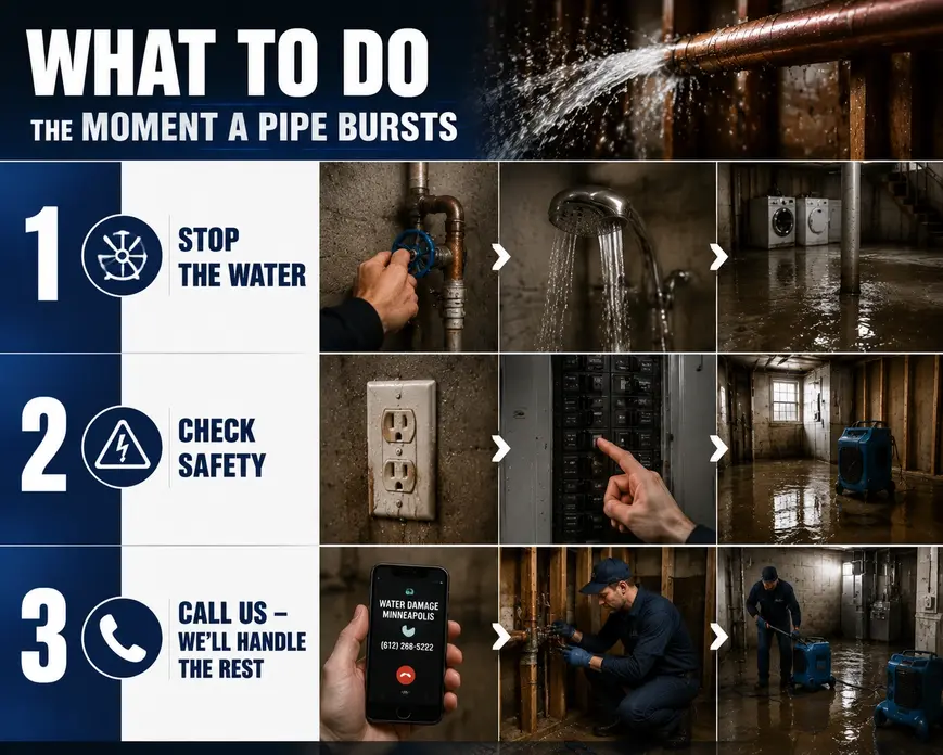 Emergency steps to take when a pipe bursts in Minneapolis including shutting off water, checking safety hazards, and calling water damage professionals.