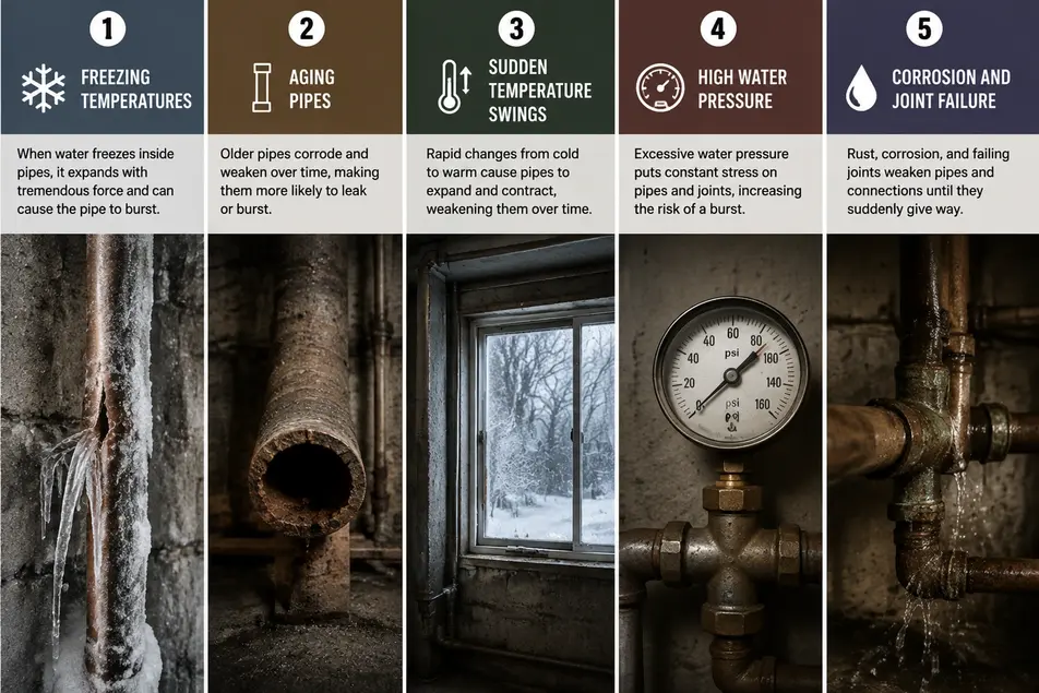 Infographic showing five common causes of burst pipes in Minneapolis homes including freezing temperatures, aging pipes, temperature swings, high water pressure, and corrosion.