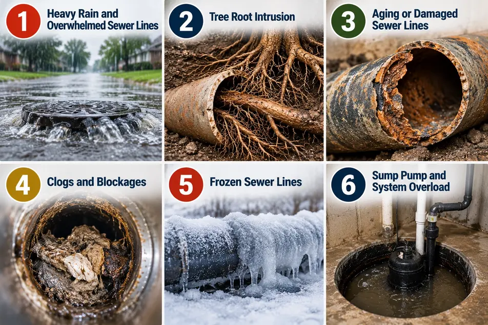Common causes of sewage backups in Minneapolis, including heavy rain, tree roots, damaged sewer lines, clogs, frozen pipes and sump pump overload.