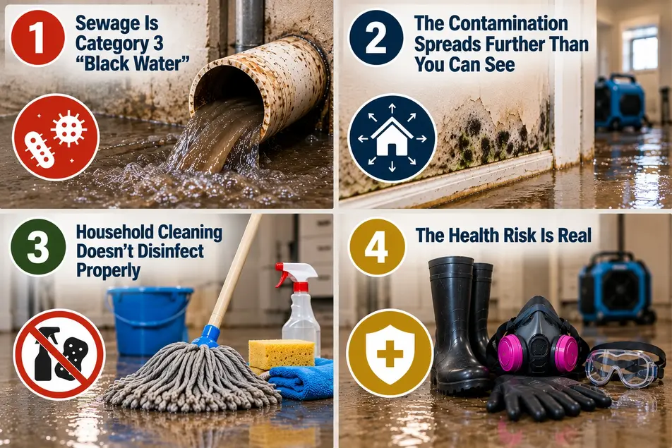 Why DIY sewage cleanup is unsafe in Minneapolis homes, showing black water contamination, hidden spread, inadequate cleaning and serious health risks.