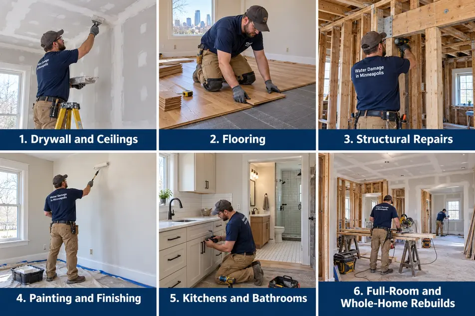 Numbered collage of Minneapolis reconstruction services: drywall, flooring, structural repairs, painting, kitchens, bathrooms and home rebuilds.