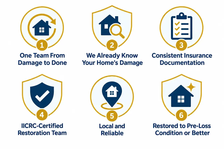Six navy and gold trust badges highlighting Minneapolis repairs and reconstruction services on a white background.