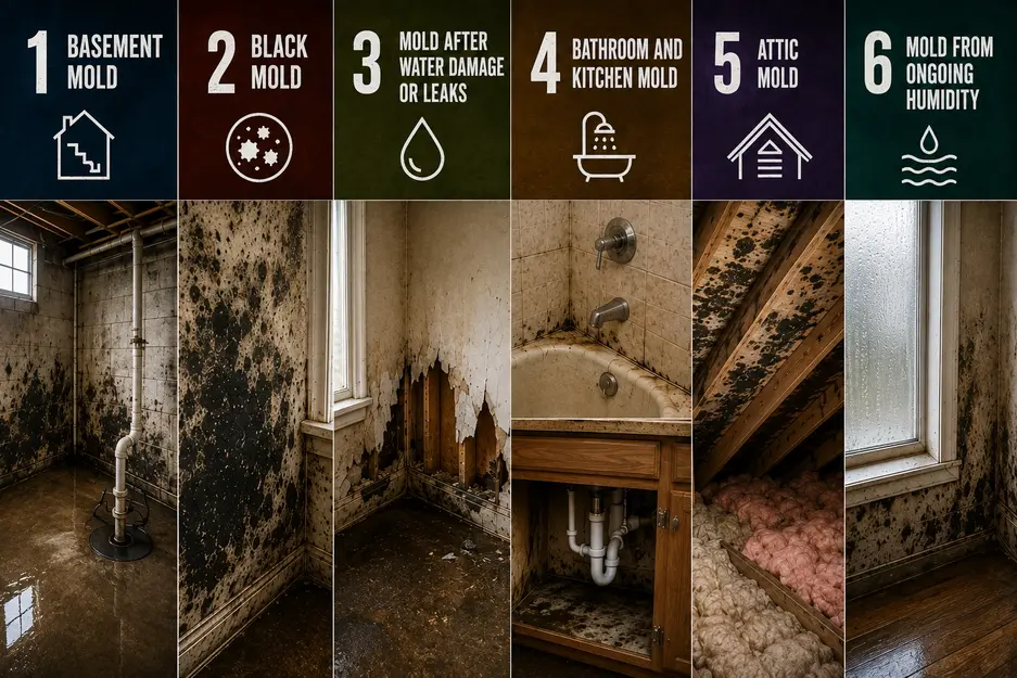 Common mold problems in Minneapolis homes, including basement mold, black mold, water damage, bathroom mold, attic mold and humidity-related mold.