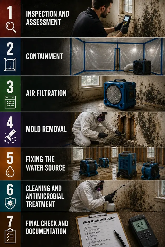 Seven-step mold remediation process in Minneapolis showing inspection, containment, air filtration, mold removal, drying, treatment and final check.