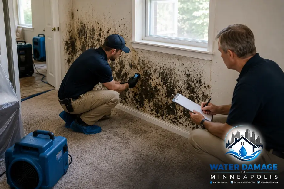 Mold remediation technicians inspecting mold and moisture damage inside a Minneapolis home using professional detection equipment.