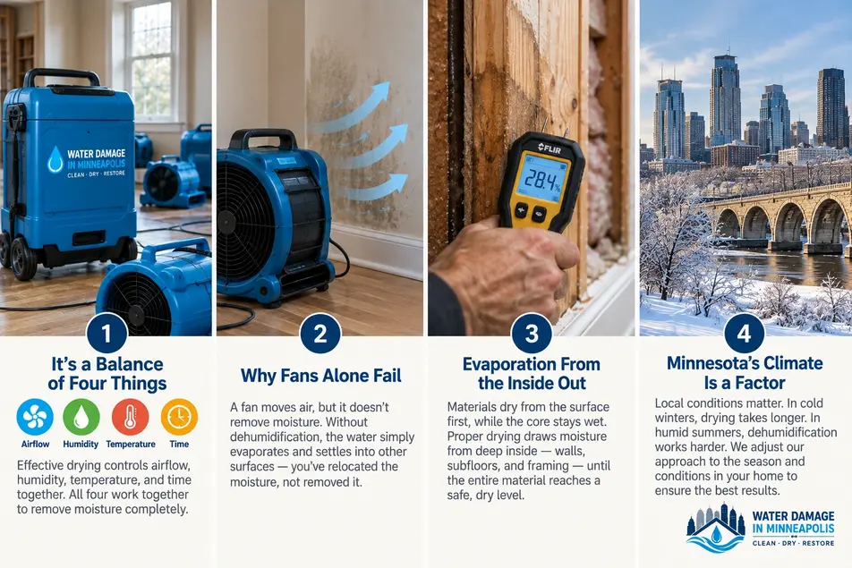 Structural drying in Minneapolis using airflow, dehumidification, moisture detection and climate-based methods to remove hidden water.