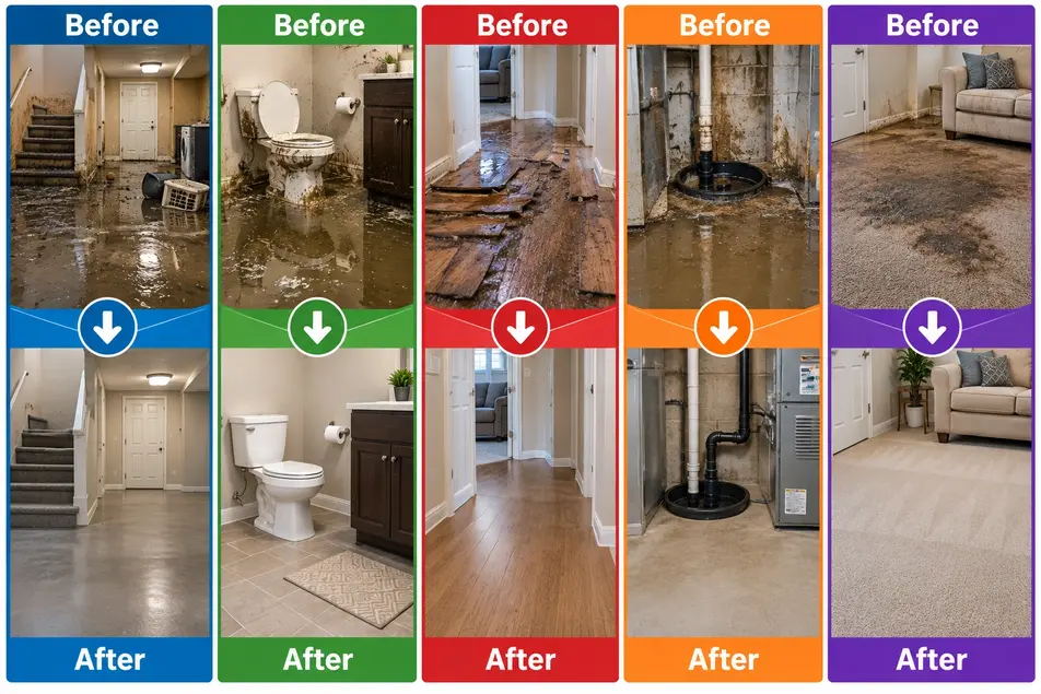 Before and after sewage cleanup in Minneapolis showing contaminated water damage, professional drying, sanitization and restored areas of a home.