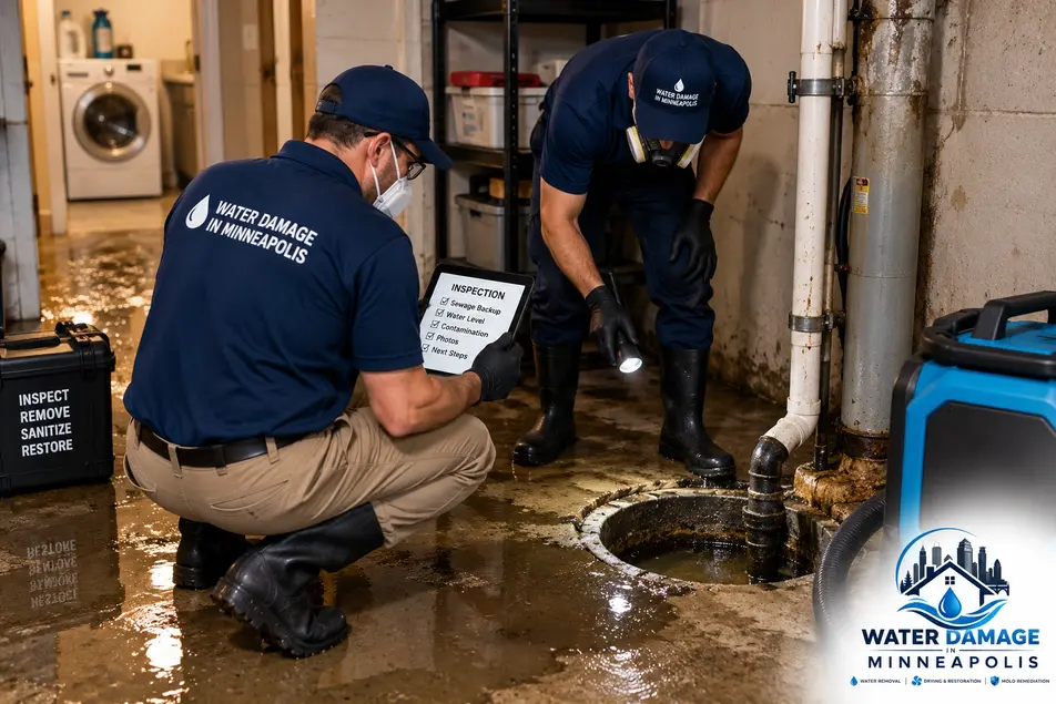 Sewage cleanup technicians inspecting a sewage backup and contaminated water in a Minneapolis home before professional extraction and sanitization.