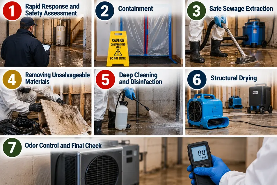 Seven-step sewage cleanup process in Minneapolis showing safety assessment, containment, sewage extraction, disinfection, structural drying and final check.