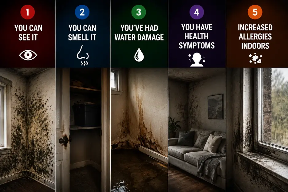 Signs of a mold problem in Minneapolis homes, including visible mold, musty odors, past water damage and worsening indoor allergy symptoms.