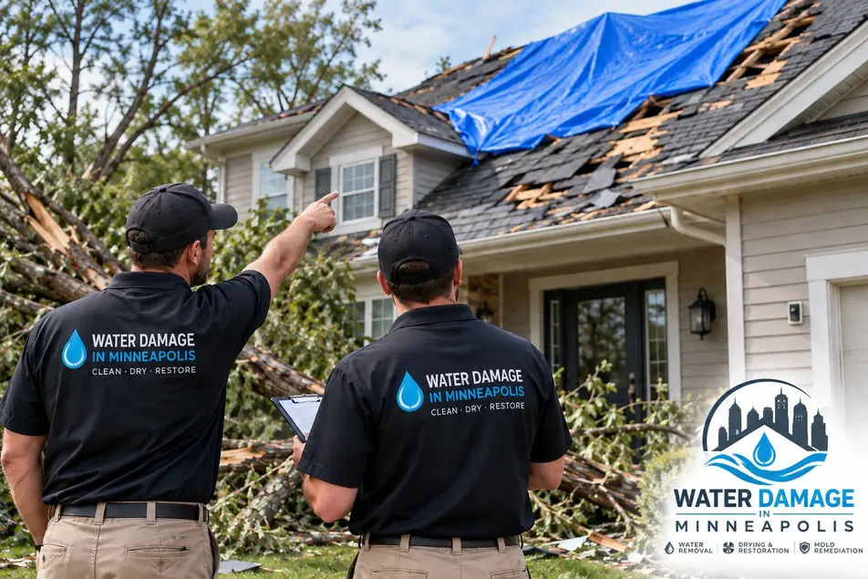 Storm damage restoration team inspecting roof and structural damage at a Minneapolis home after severe weather.