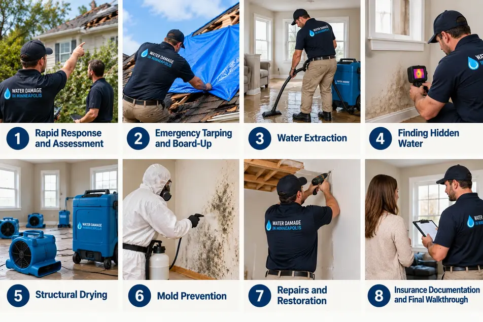Storm damage restoration process in Minneapolis including assessment, water extraction, structural drying, mold prevention and repairs.