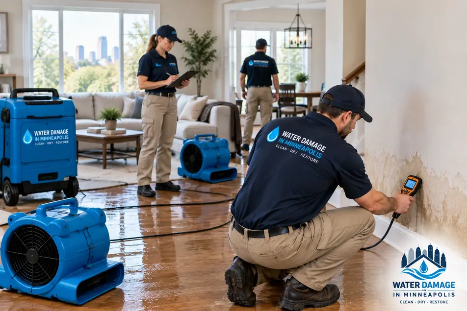 Structural drying team in Minneapolis inspecting hidden moisture and using professional drying equipment after residential water damage.